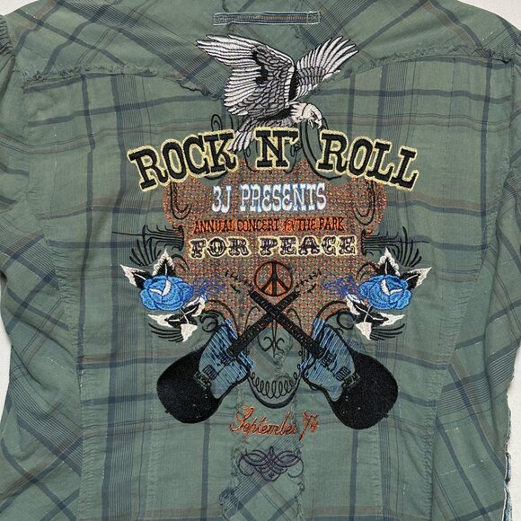 3J Workshop Johnny Was Embroidered Plaid Snap Shirt Green M Y2K Rock N Roll - Picture 4 of 12